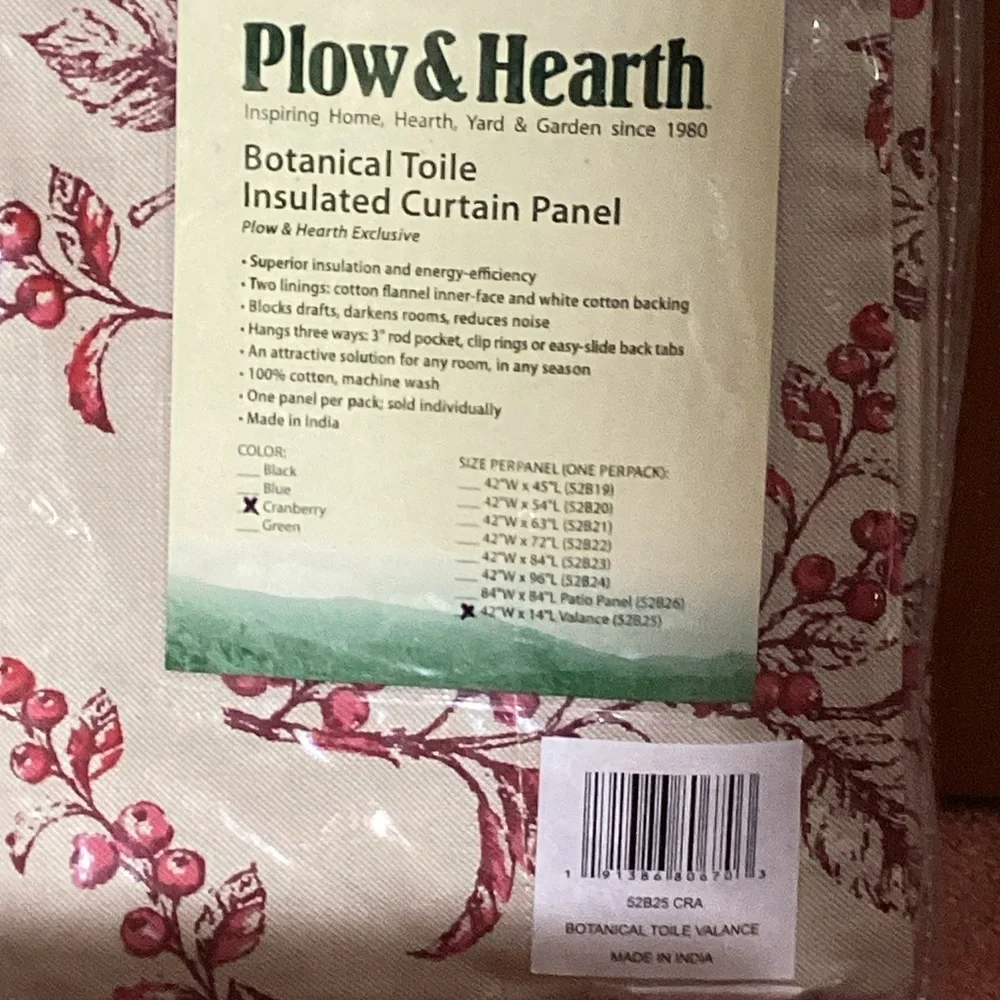 Plow & Hearth Botanical Toile Insulated Double-Lined Valance, 42W×14L -Cranberry